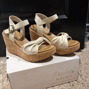 Blowfish Cream and Tan Wedge Sandals